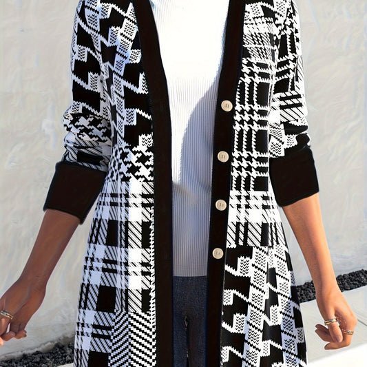  Geometric Print Cardigan Long Sleeve Button Up