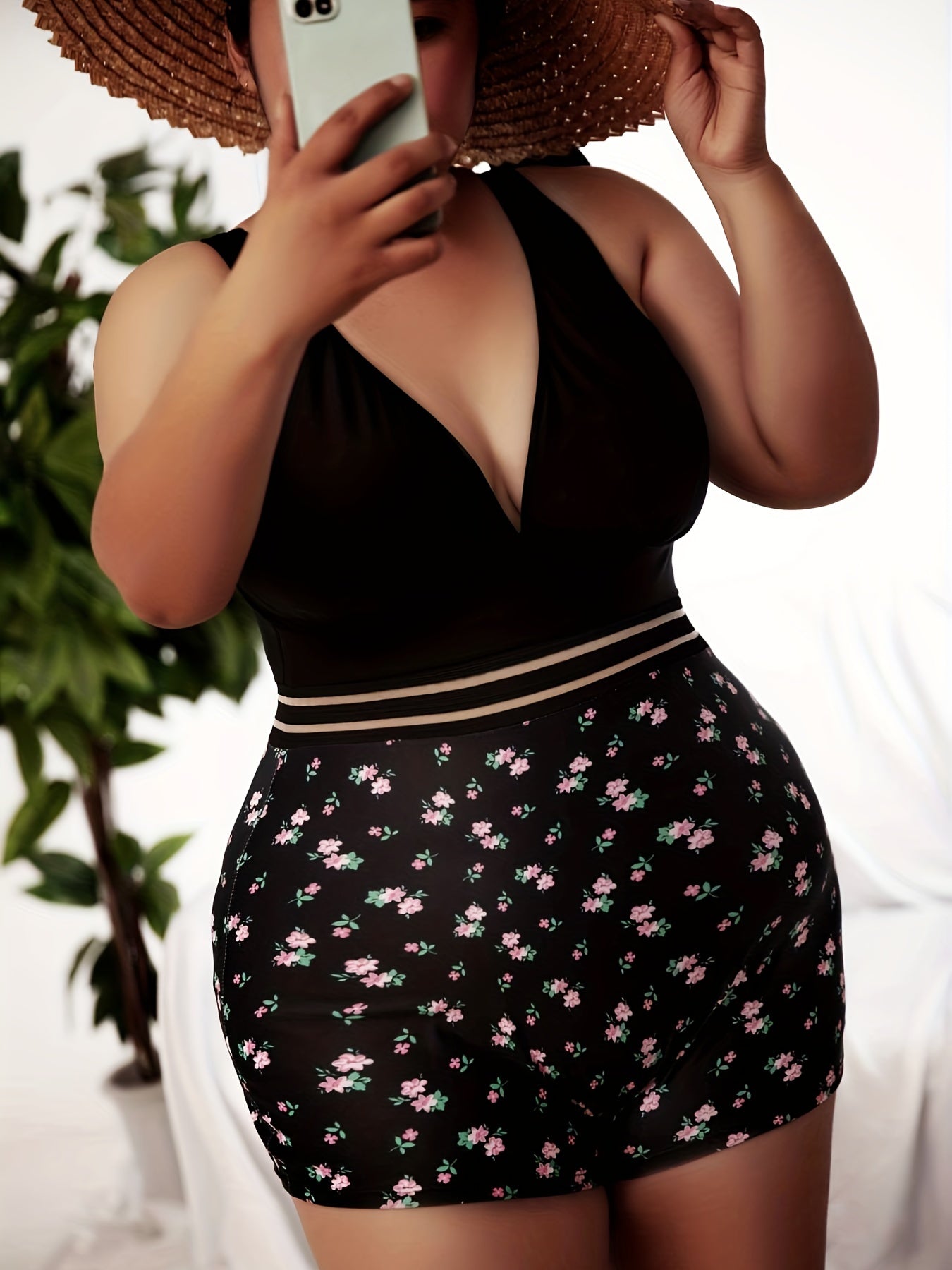  Ditsy Floral Mesh V Neck One Piece Swimsuit