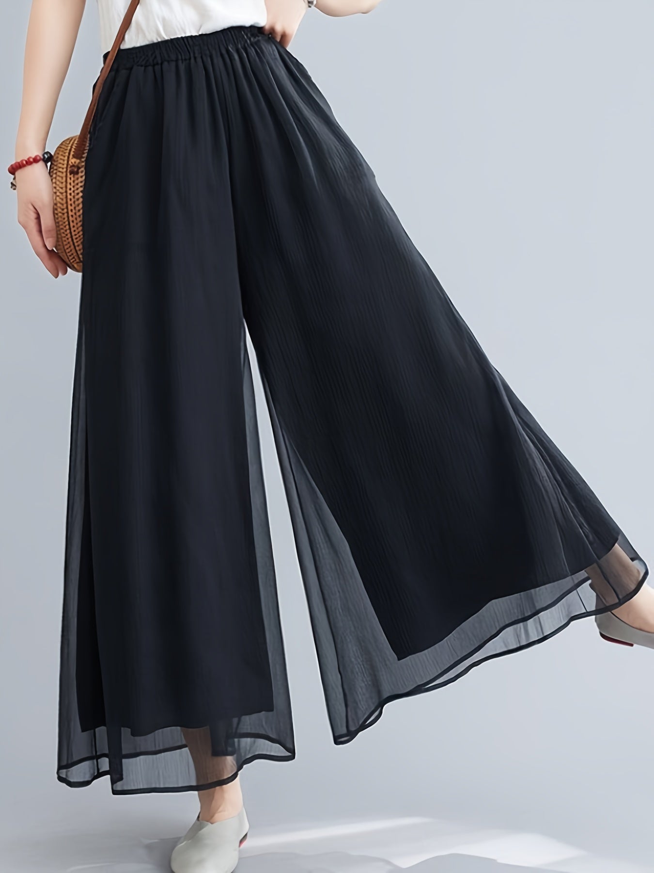 Mesh Overlay Wide Leg Trousers