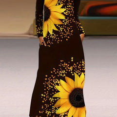  Sunflower Print Maxi Dress with Pockets