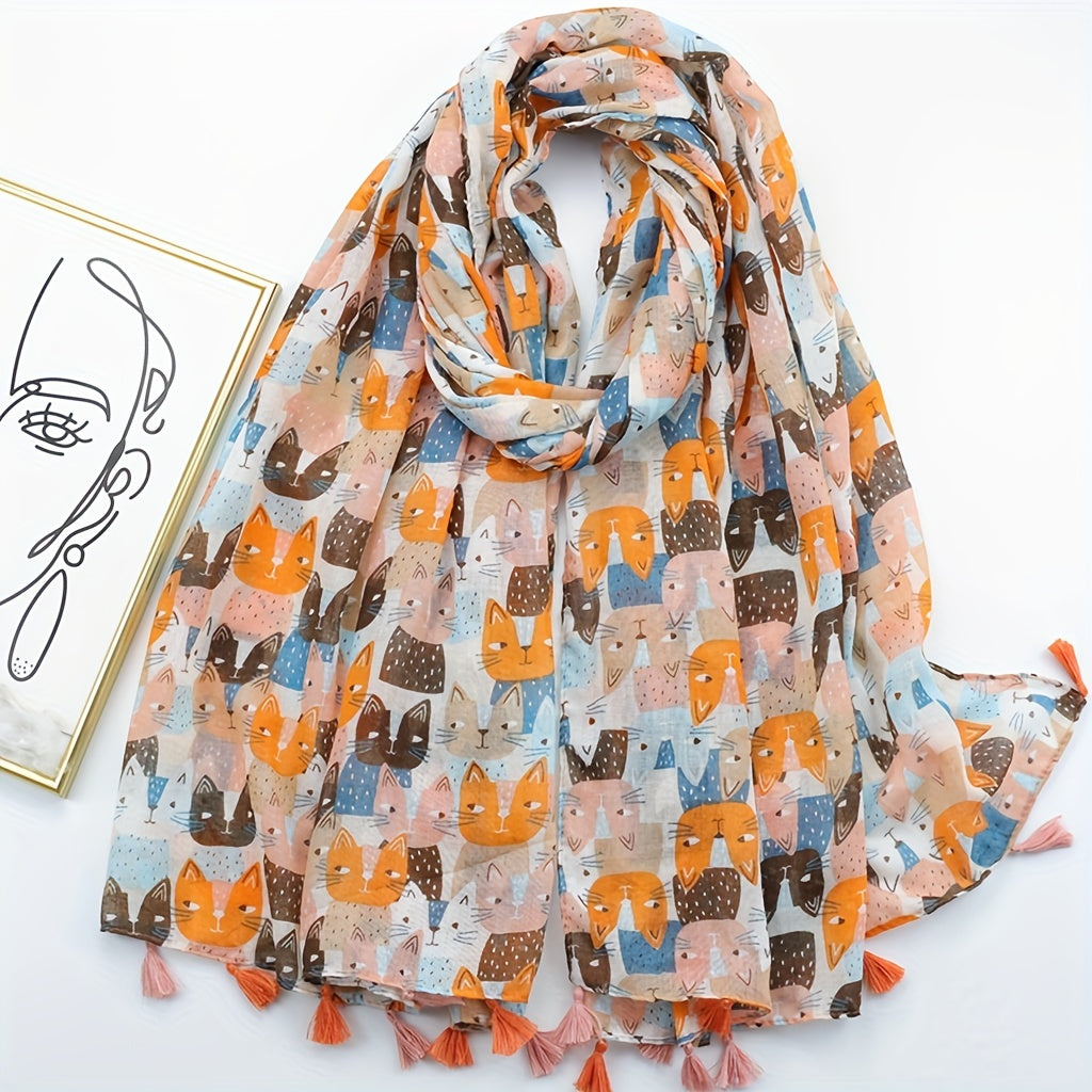 Kitty Printed Tassel Scarf Orange Cartoon Cat Shawl Women Sunscreen Headwrap
