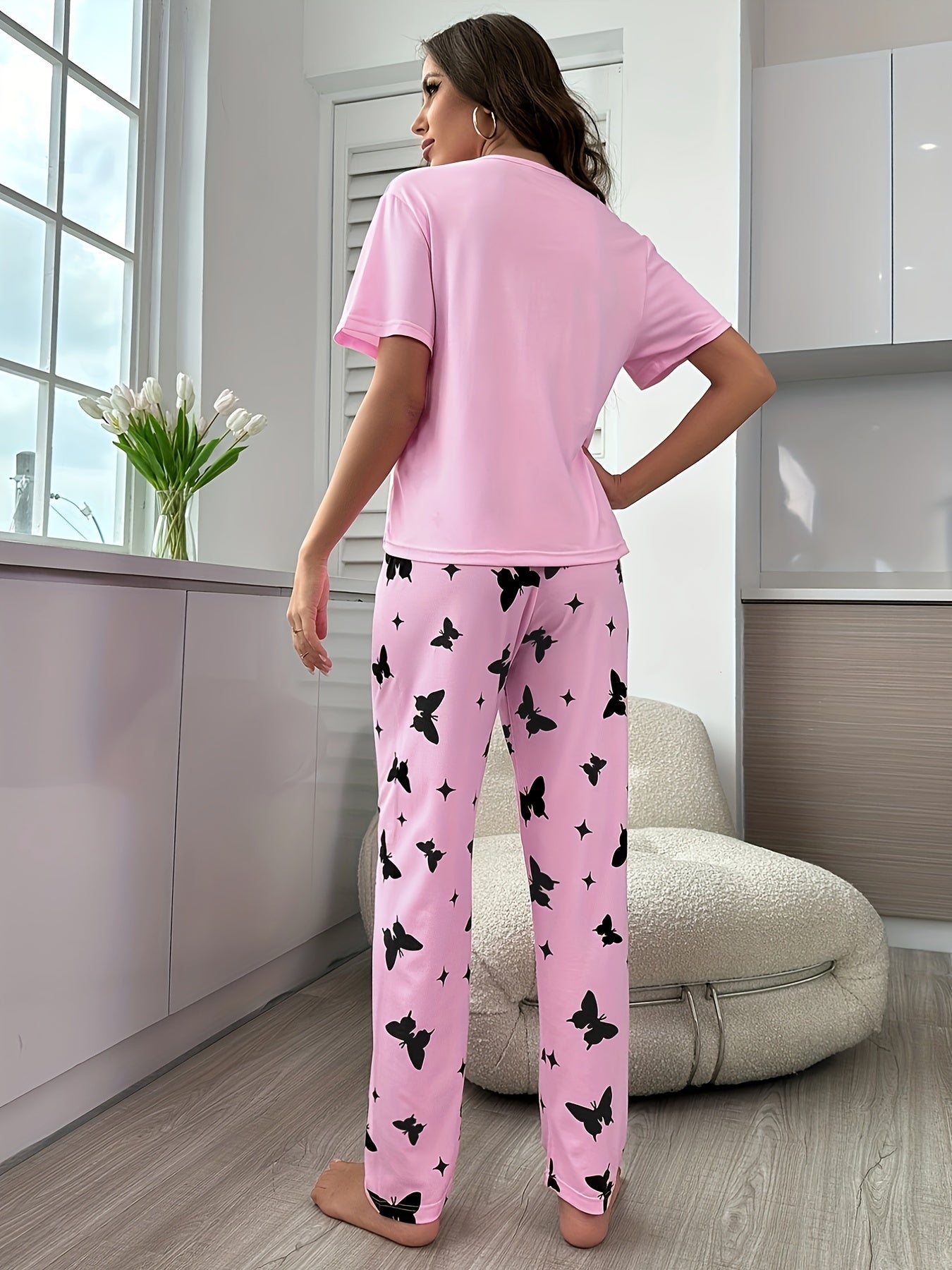 Heart Print Pajamas Set Short Sleeve Top & Pants Women's Sleepwear