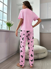 Heart Print Pajamas Set Short Sleeve Top & Pants Women's Sleepwear