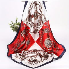 Chain Print Square Scarf Satin Block Bandana Silk Windproof Head Wrap