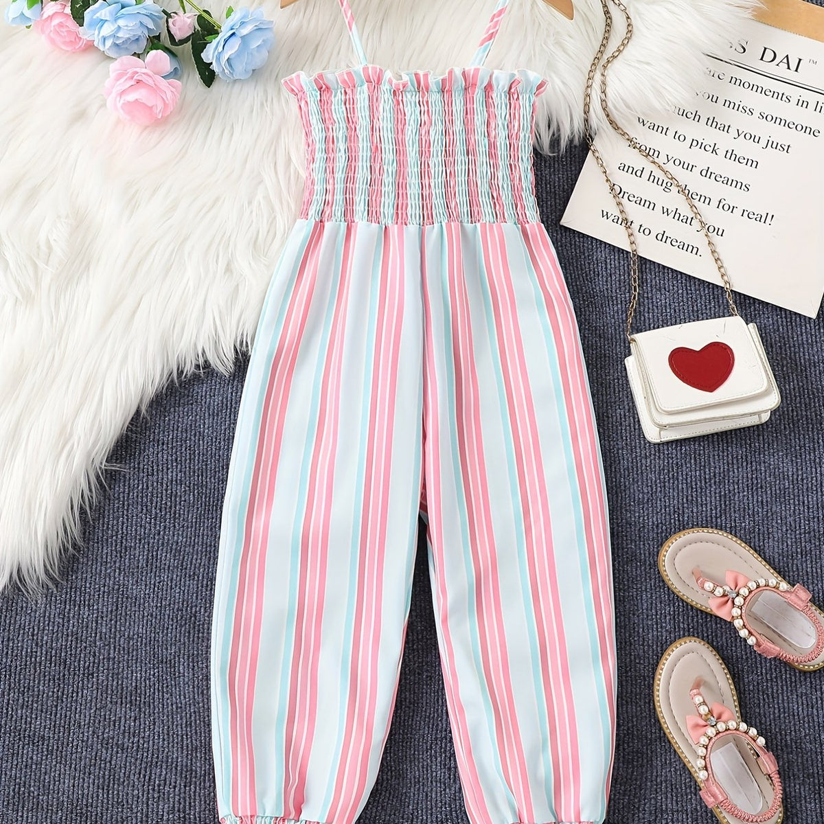 Toddler Girls Striped Frill Trim Cami Rompers for Beach Vacation