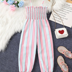 Toddler Girls Striped Frill Trim Cami Rompers for Beach Vacation