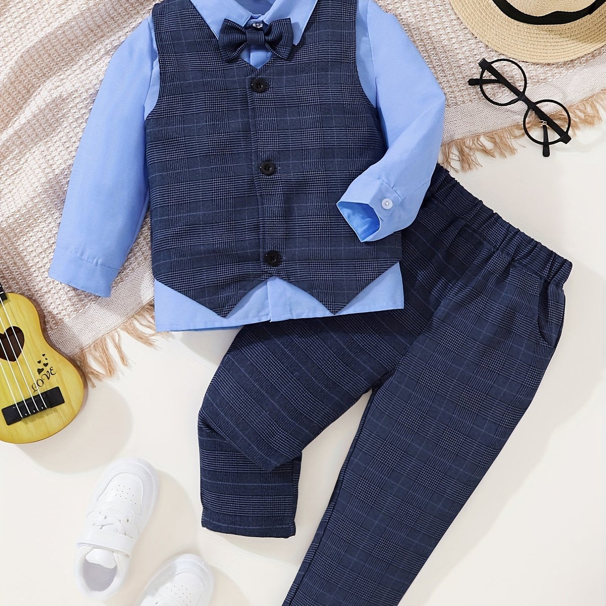 3pcs Baby Boys Bowtie Shirt & Vest & Pants Gentleman Set