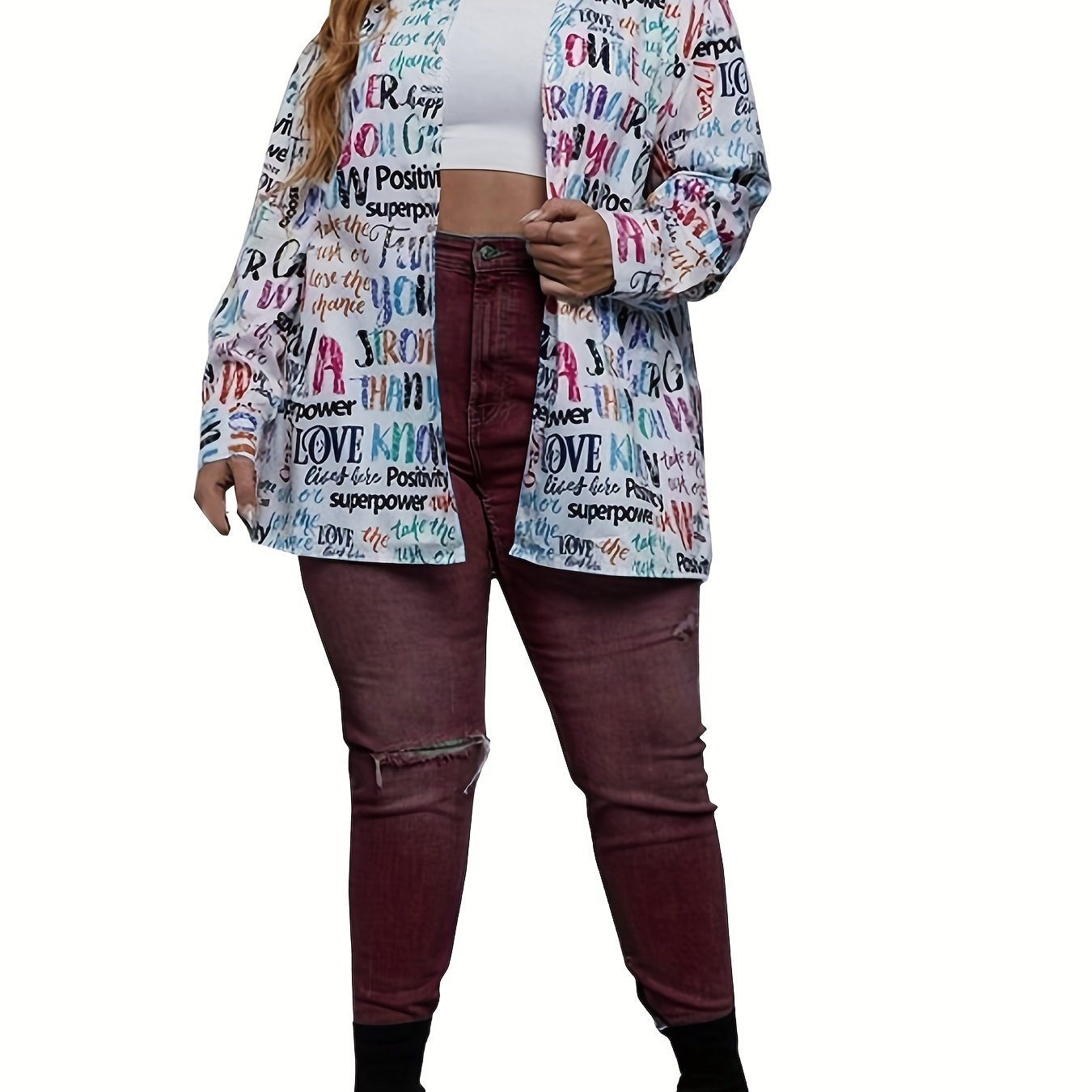  Allover Letter Print Button Up Long Sleeve Blouse