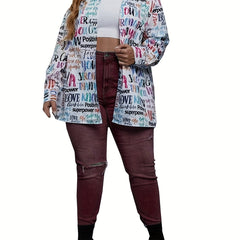  Allover Letter Print Button Up Long Sleeve Blouse