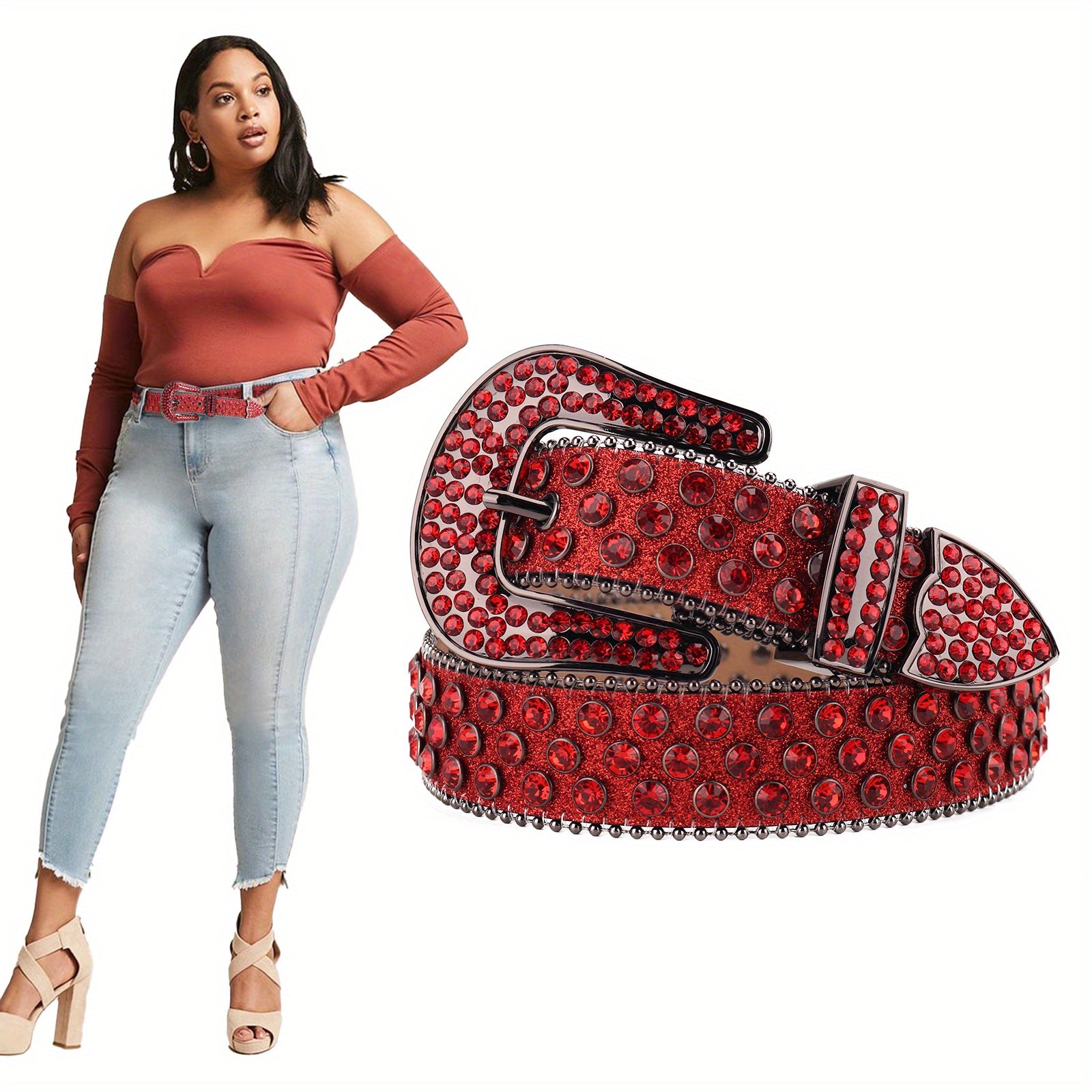Red Rhinestone Belt Western Cowgirl Waistband Y2K Hip Hop Sparkly Belt