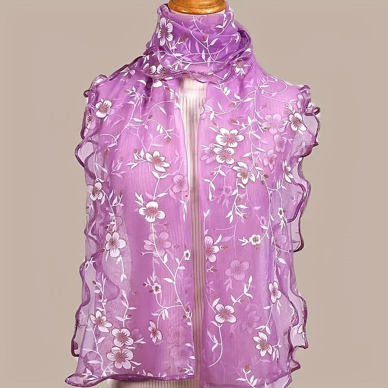 Ruffles Flower Embroidery Scarf Gauze Shawl for Spring & Summer