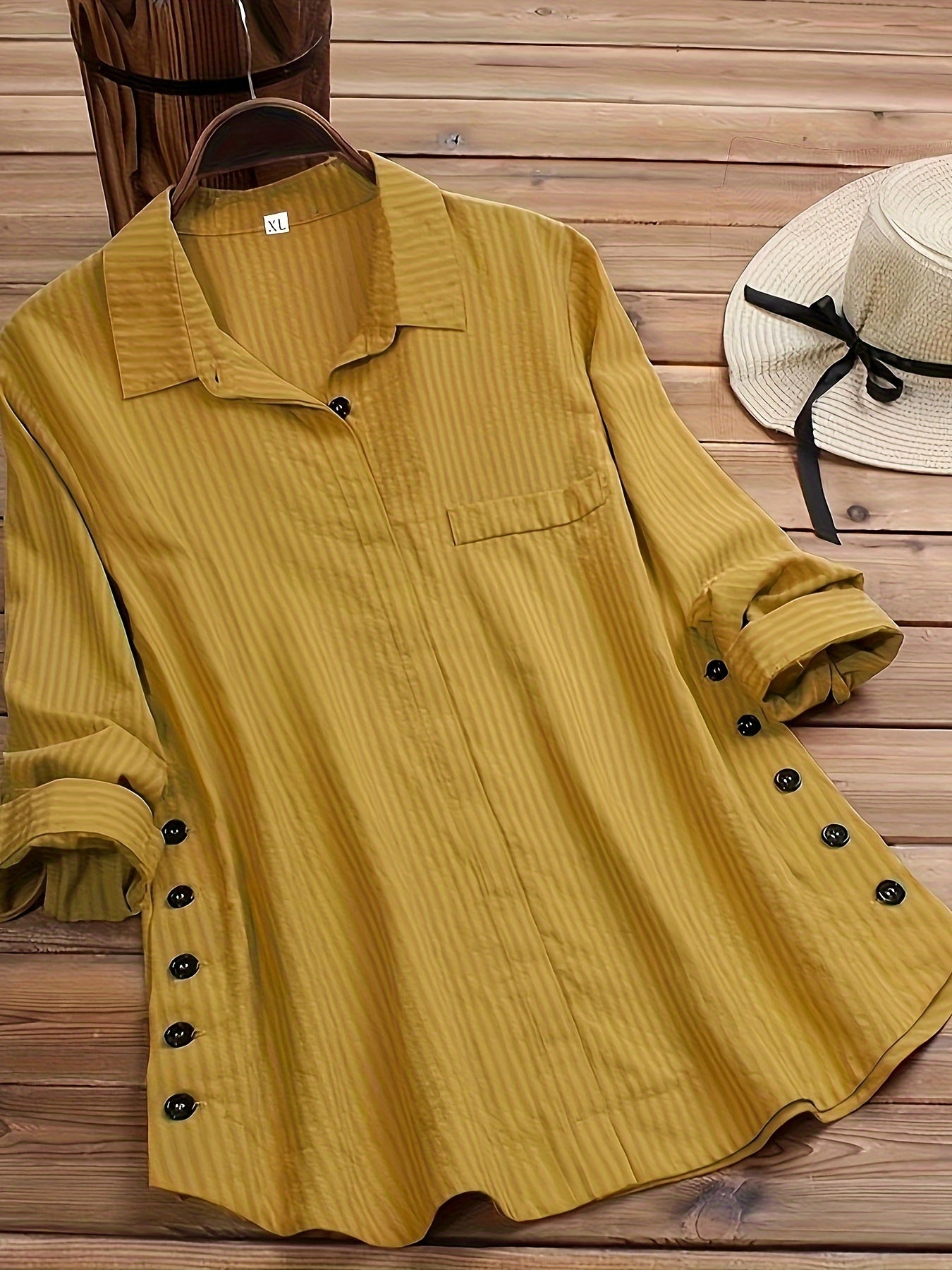  Stripe Print Button-Up Long Sleeve Blouse