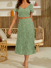 Boho Allover Print Sweetheart Crop Top & Split Skirt Set