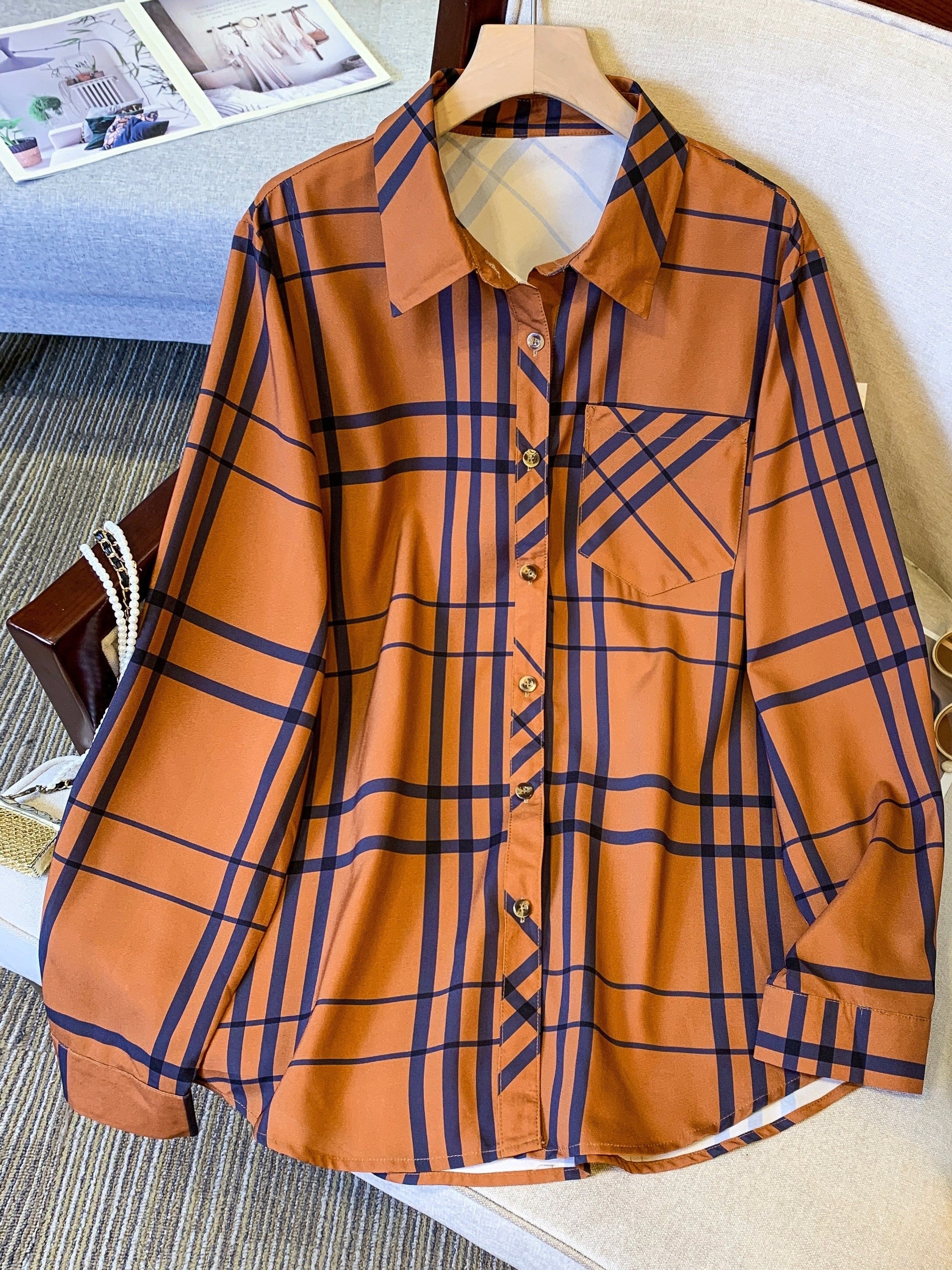  Plaid Print Button Up Blouse
