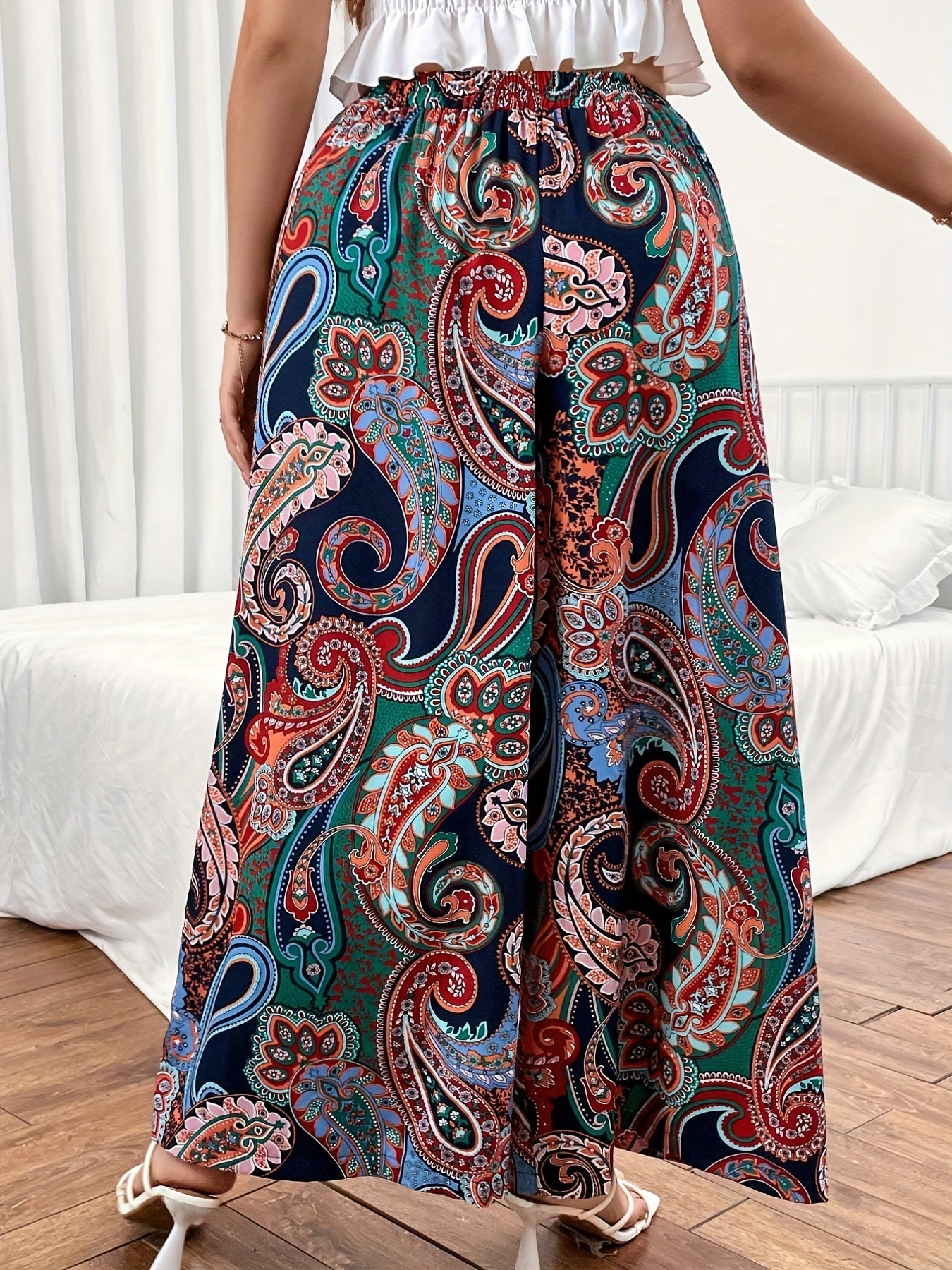 Paisley Print Boho Wide Leg Pants High Rise Loose Fit
