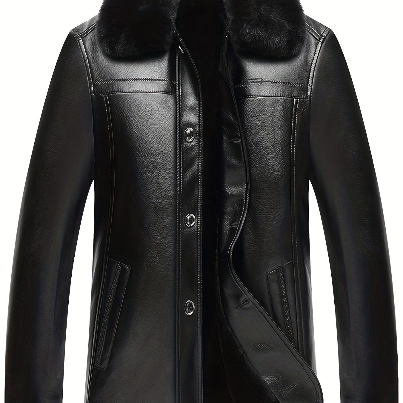 Men's Fleece PU Leather Jacket Button Up Fur Collar Warm Winter Coat