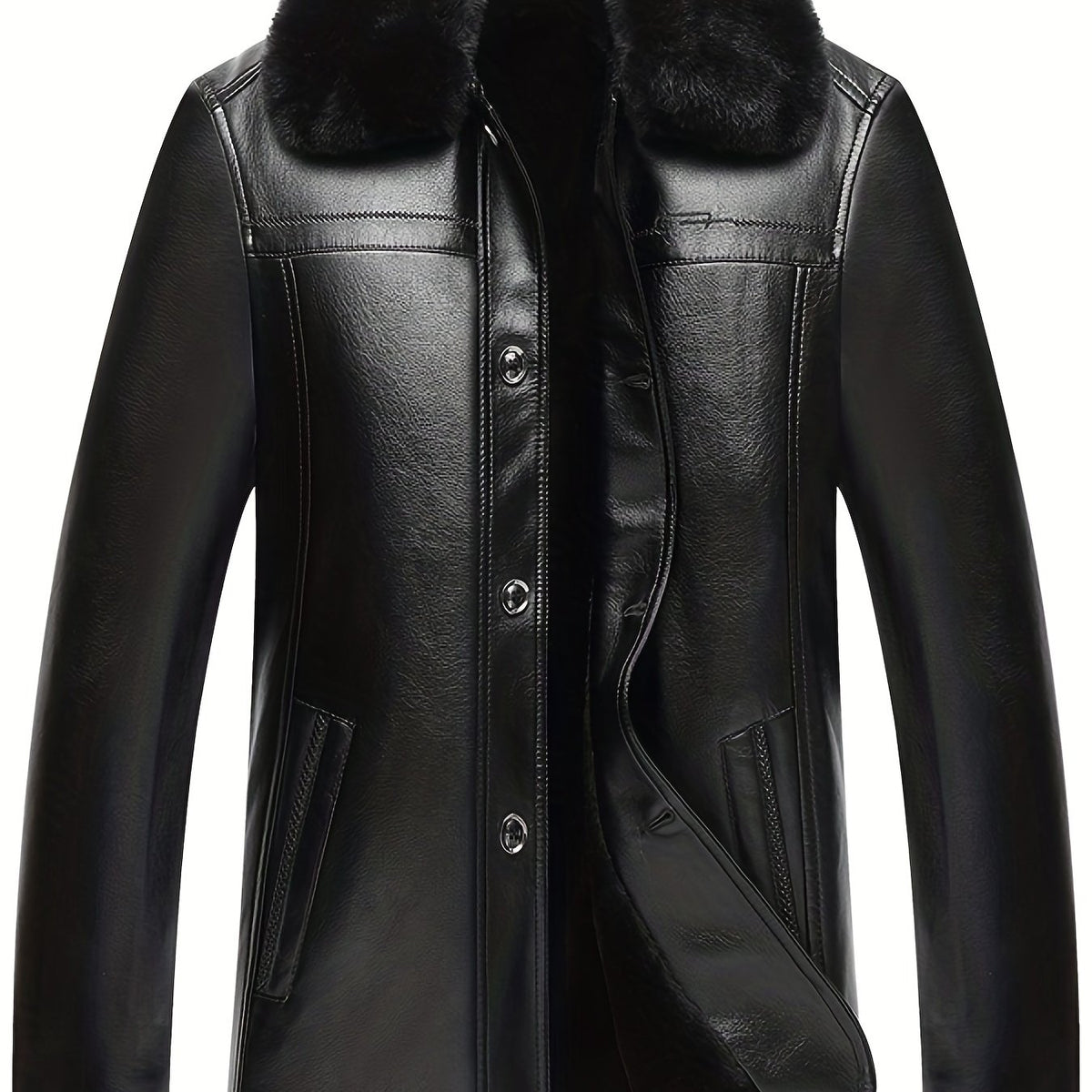Men's Fleece PU Leather Jacket Button Up Fur Collar Warm Winter Coat