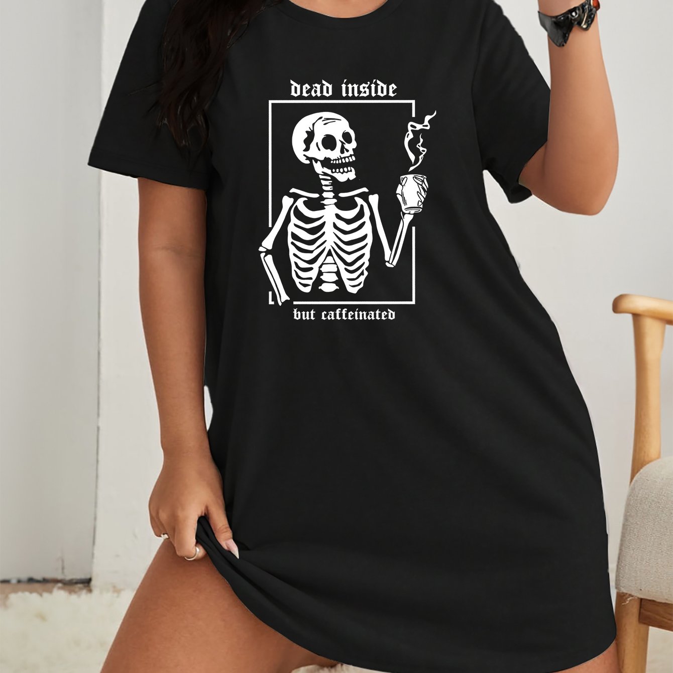 Plus Size Halloween Lounge Dress Women's Skull & Letter Print Nightdress