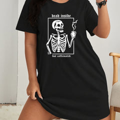 Plus Size Halloween Lounge Dress Women's Skull & Letter Print Nightdress