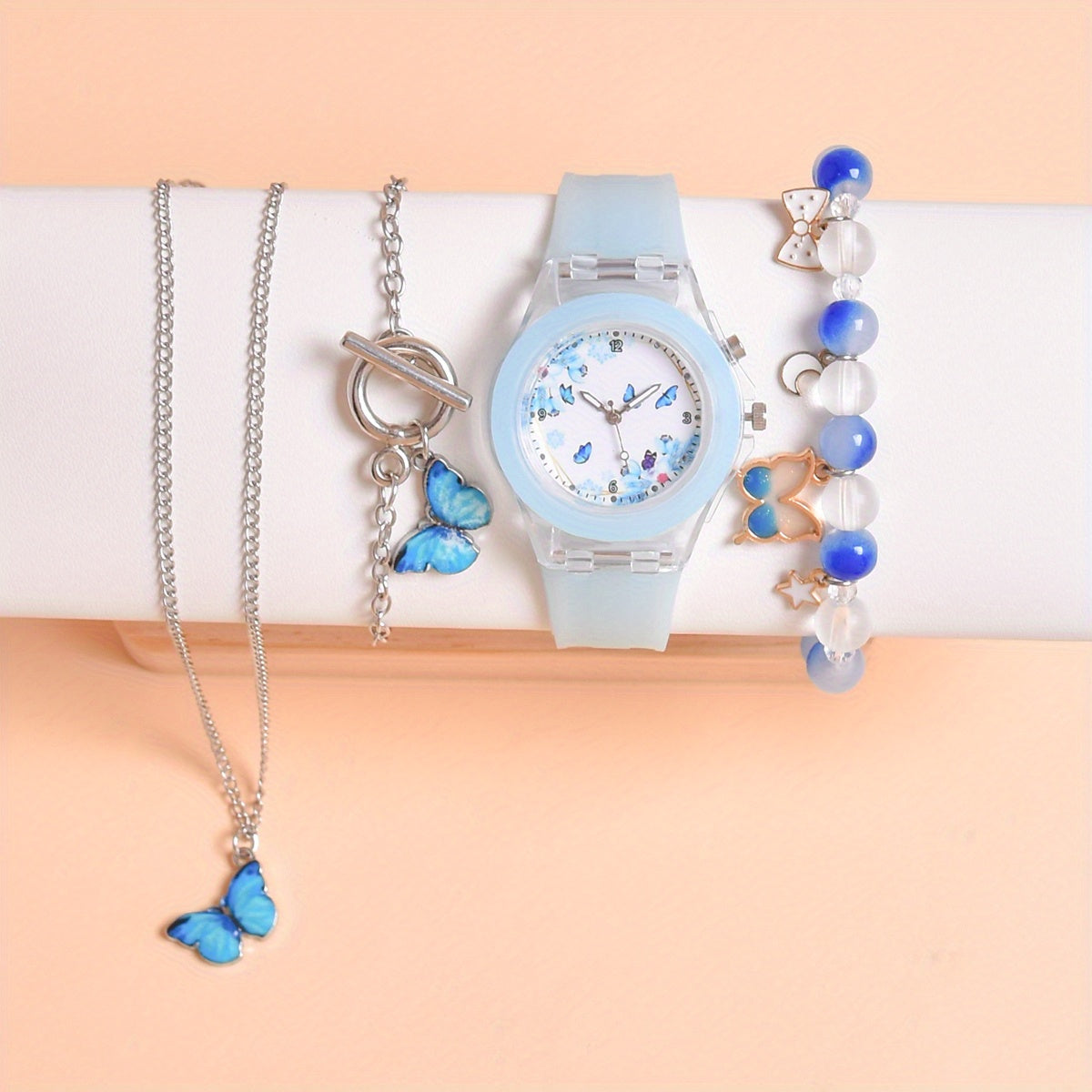 Butterfly Kids' Quartz Watch with Silicone Strap LED Light Bracelet Set