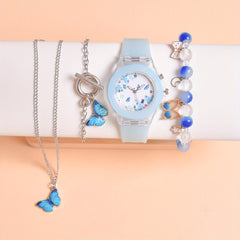 Butterfly Kids' Quartz Watch with Silicone Strap LED Light Bracelet Set