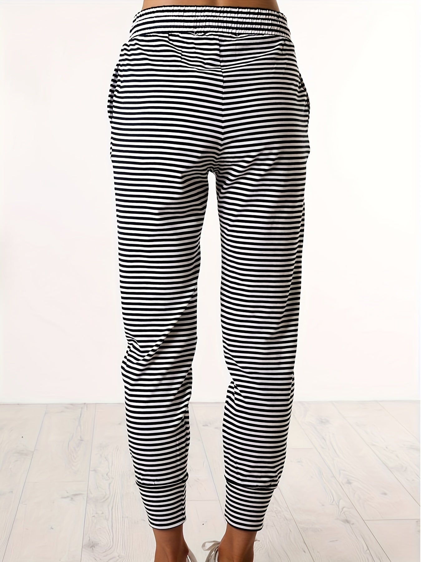  Stripe Print Elastic Drawstring High Rise Jogger Pants