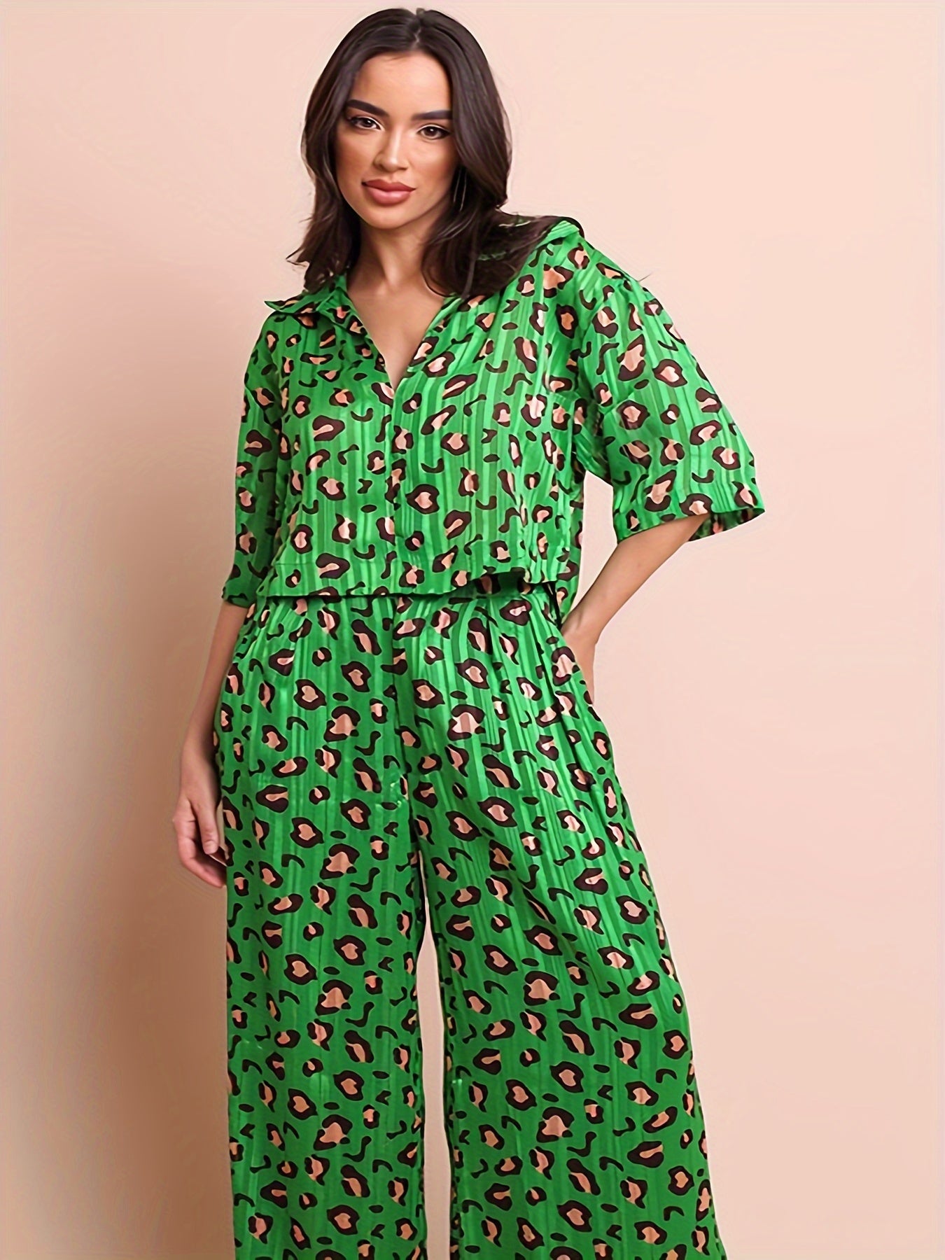  Leopard Print High Waisted Wide Leg Trousers