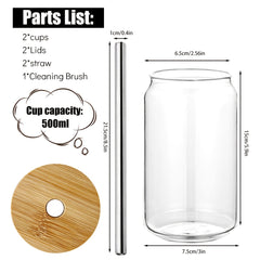 2pcs Can Glass Cups Bamboo Lids 500ml Thick Drinking Glasses Set