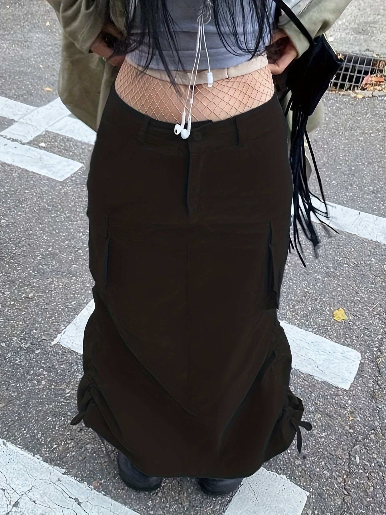  Solid Drawstring Cargo Skirt
