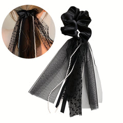 Mesh Streamer Pearl Tassel Large Scrunchie Ponytail Hair Rope
