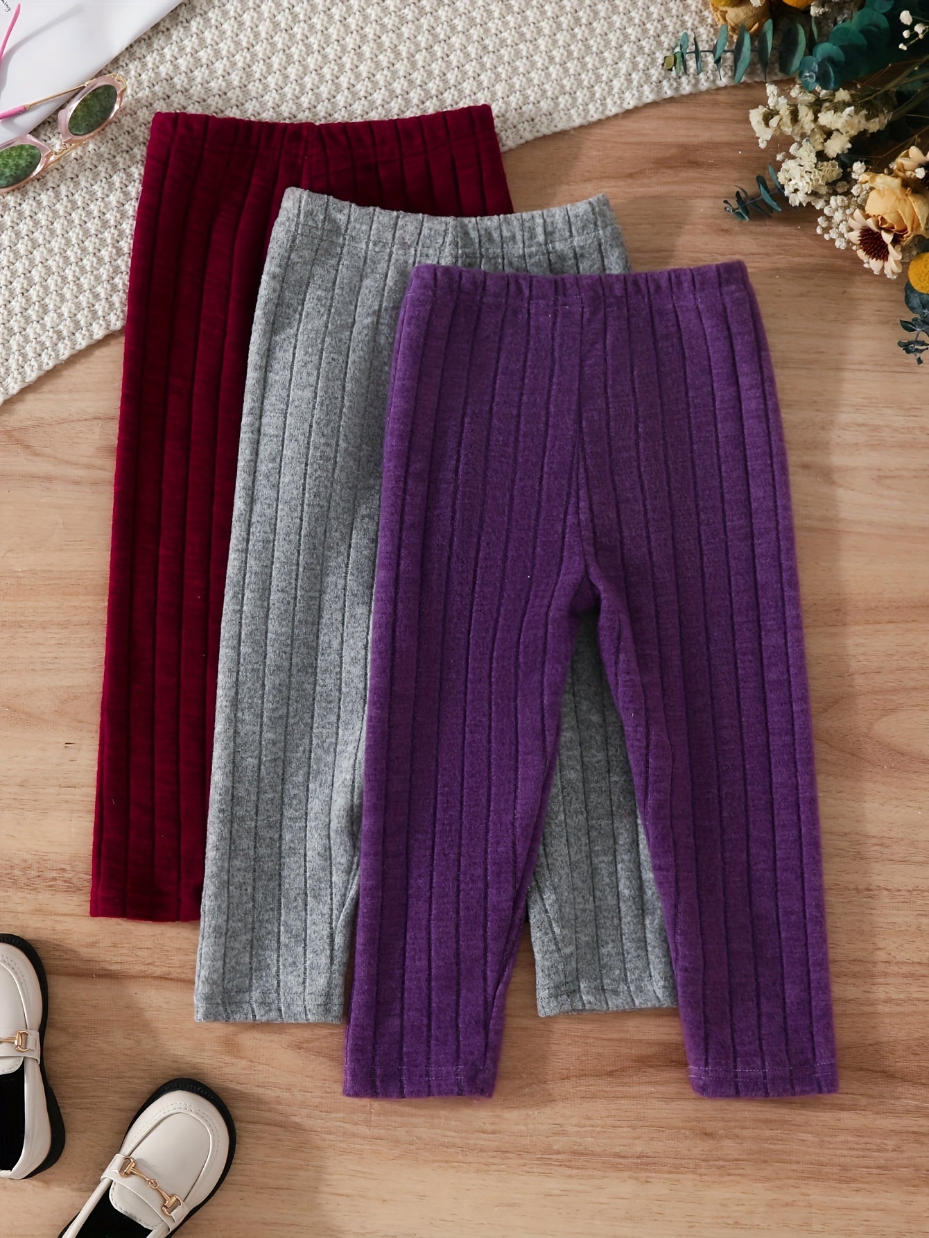 3 Pack Ribbed Long Pants for Girls, Comfy Sweatpants for Sports