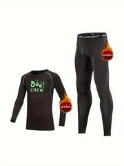 2pcs Kids Fleece Compression Sets Crew Print Pullover Matching Pants