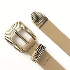 Striped Carved Buckle Belt Apricot PU Vintage Belt for Women