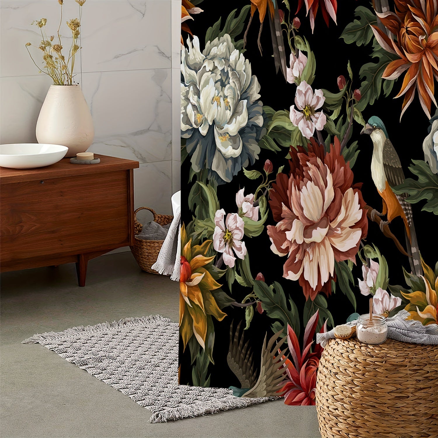 Floral Bird Print Shower Curtain Waterproof Bathroom Decoration
