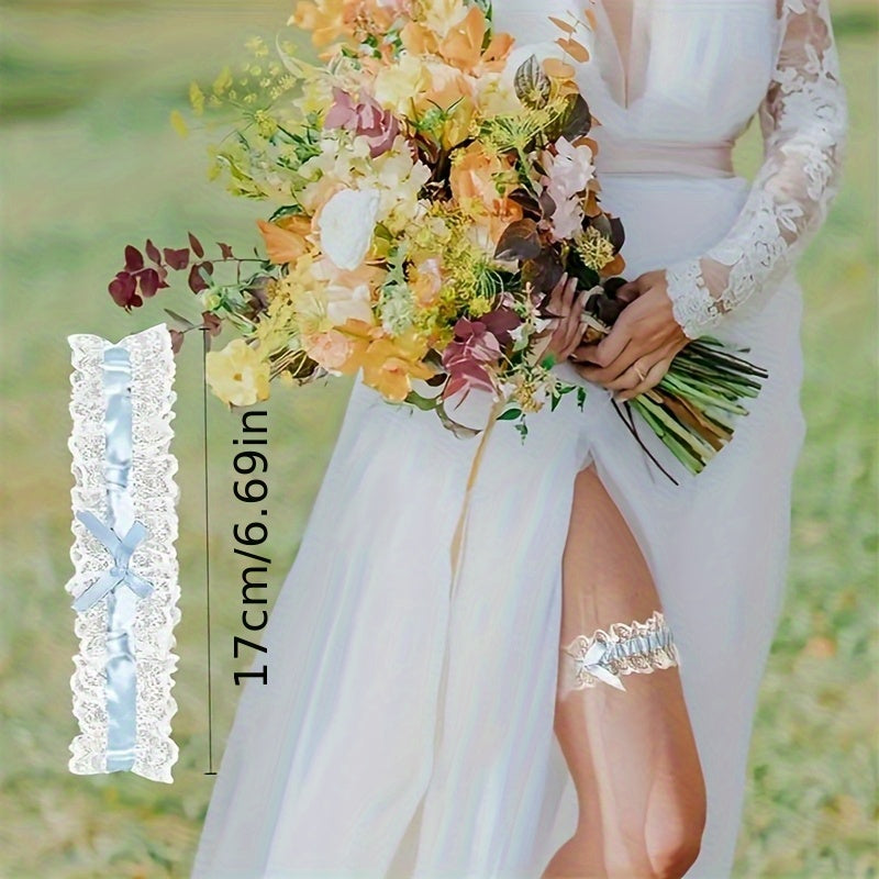 2pcs Elastic Bridal Garter w/ Bow & Lace Trim for Weddings & Showers Ideal Gift