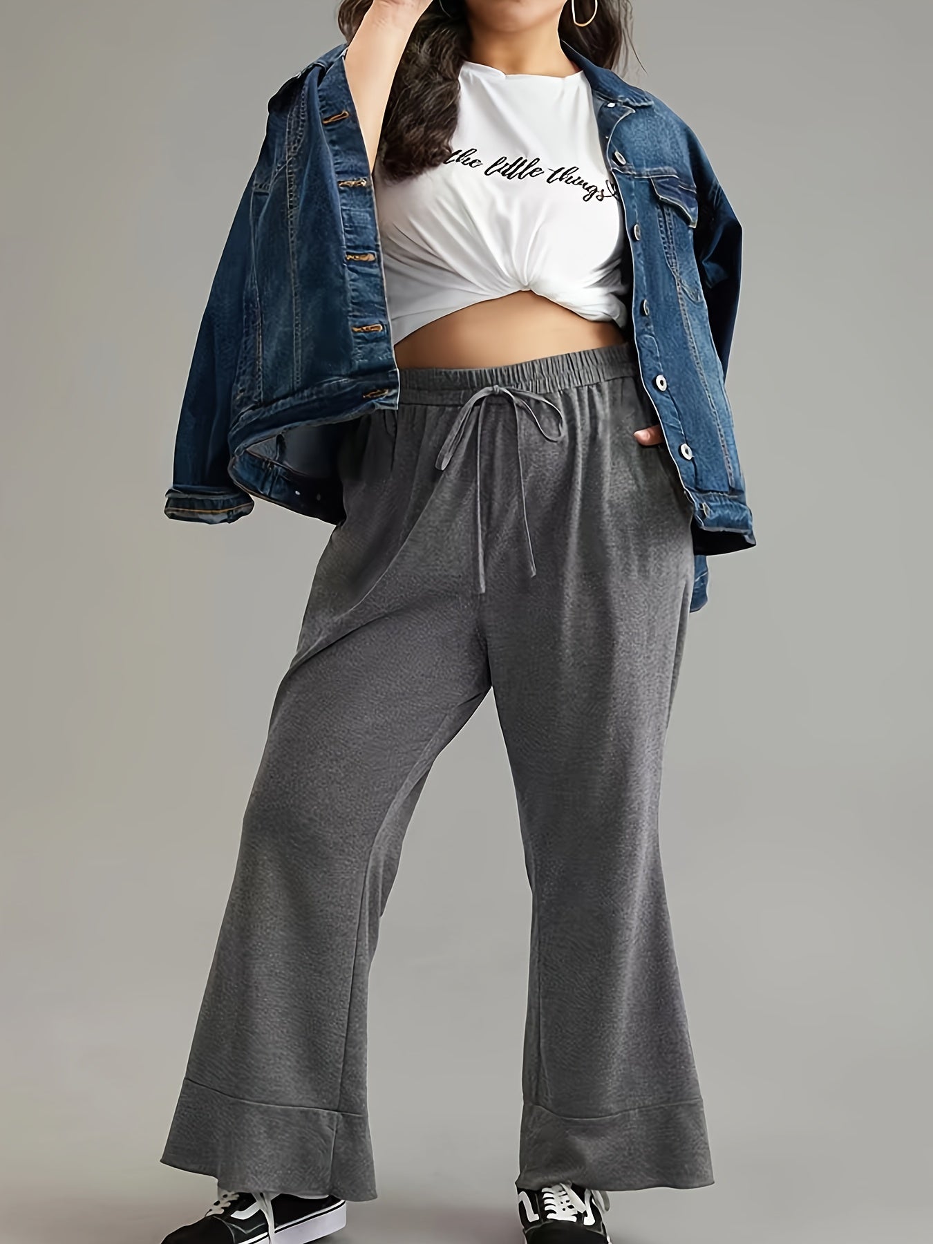  Solid Stitching Flared Leg Trousers With Pockets