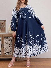  Boho Abaya Dress Women's Plus Leaf Print Lantern Sleeve Round Neck