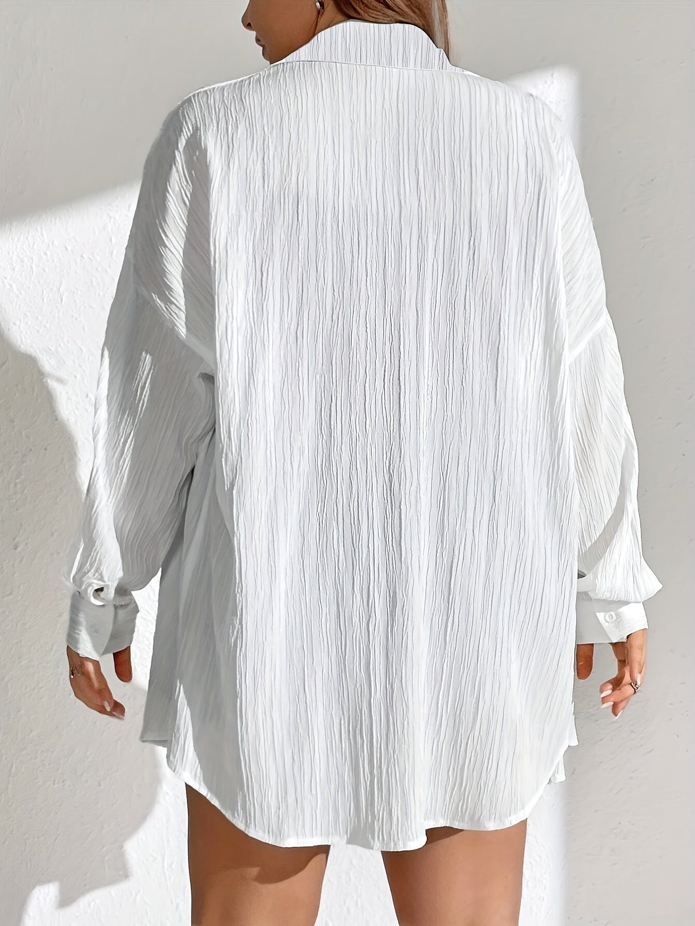  Solid Crinkle Button Up Long Sleeve Blouse