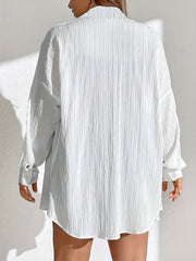  Solid Crinkle Button Up Long Sleeve Blouse