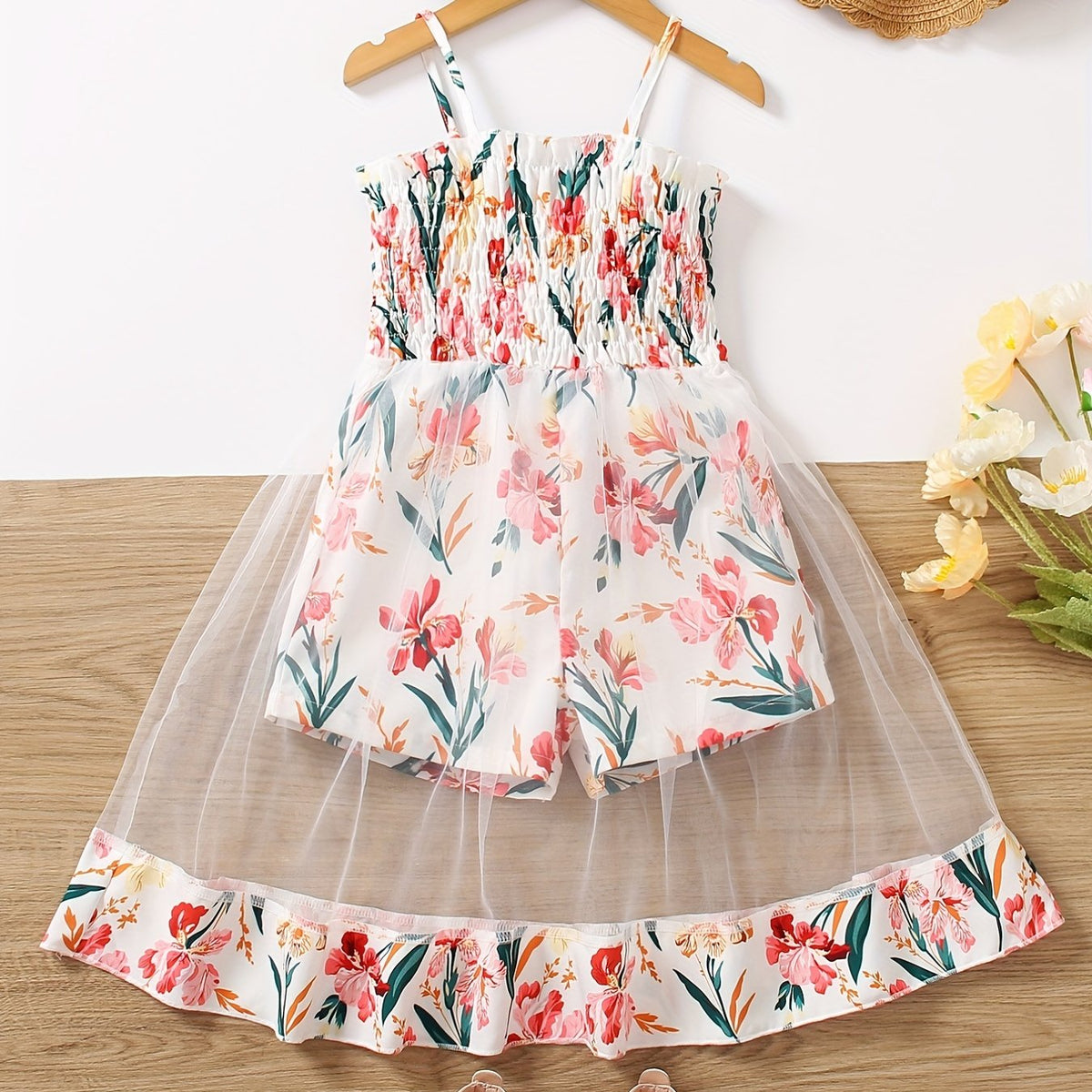 Toddler Girls Flowers Graphic Frill Trim Shirred Mesh Spliced Cami Rompers