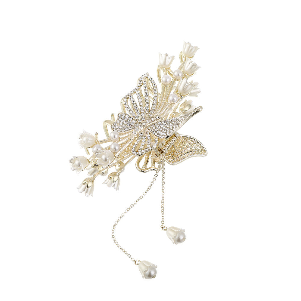 Tulip Flower Butterfly Rhinestone Hair Claw Clip in Gold