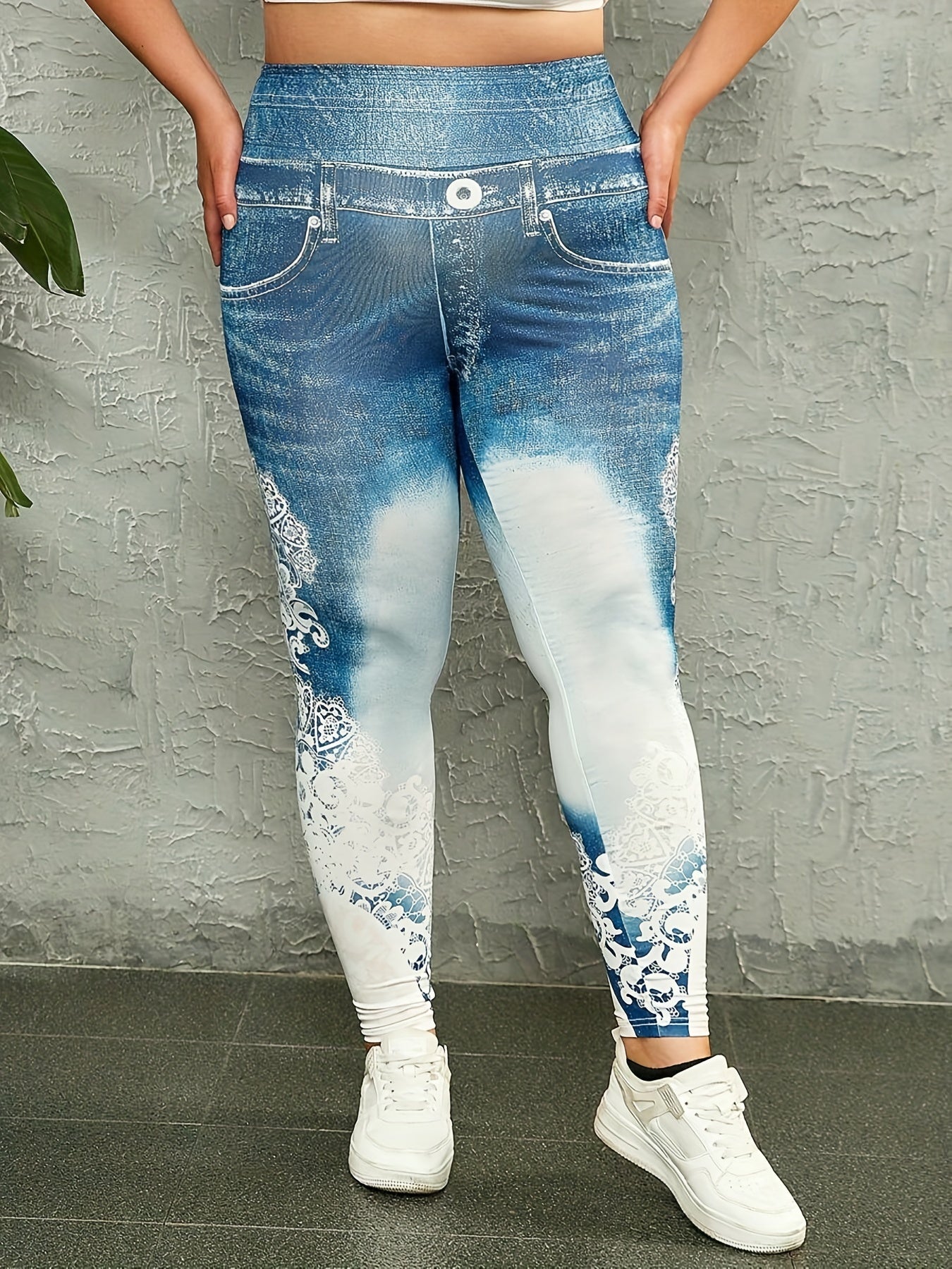  Denim & Lace Print High Rise Stretch Skinny Leggings