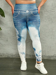  Denim & Lace Print High Rise Stretch Skinny Leggings