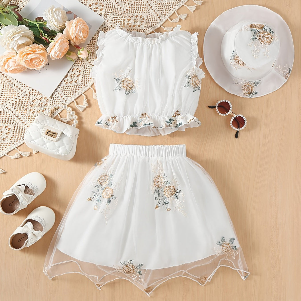 Mesh Flower Embroidery Hat & Ruffled Set for Kids