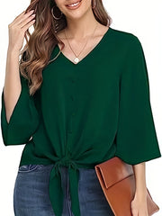  Casual Blouse Women's Plus Solid Button Decor Half Sleeve