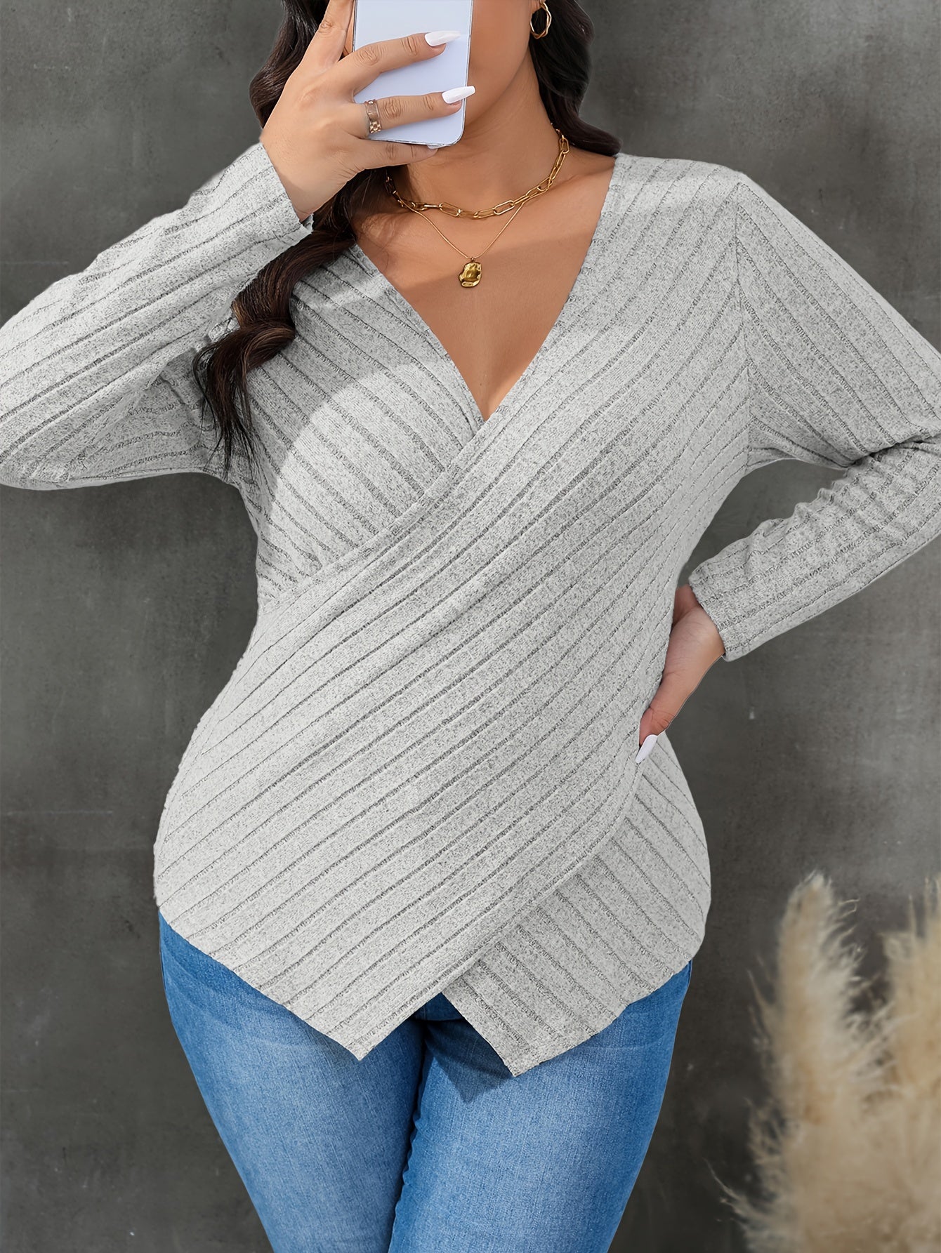  Colorblock Cross V Neck Knit Top Long Sleeve