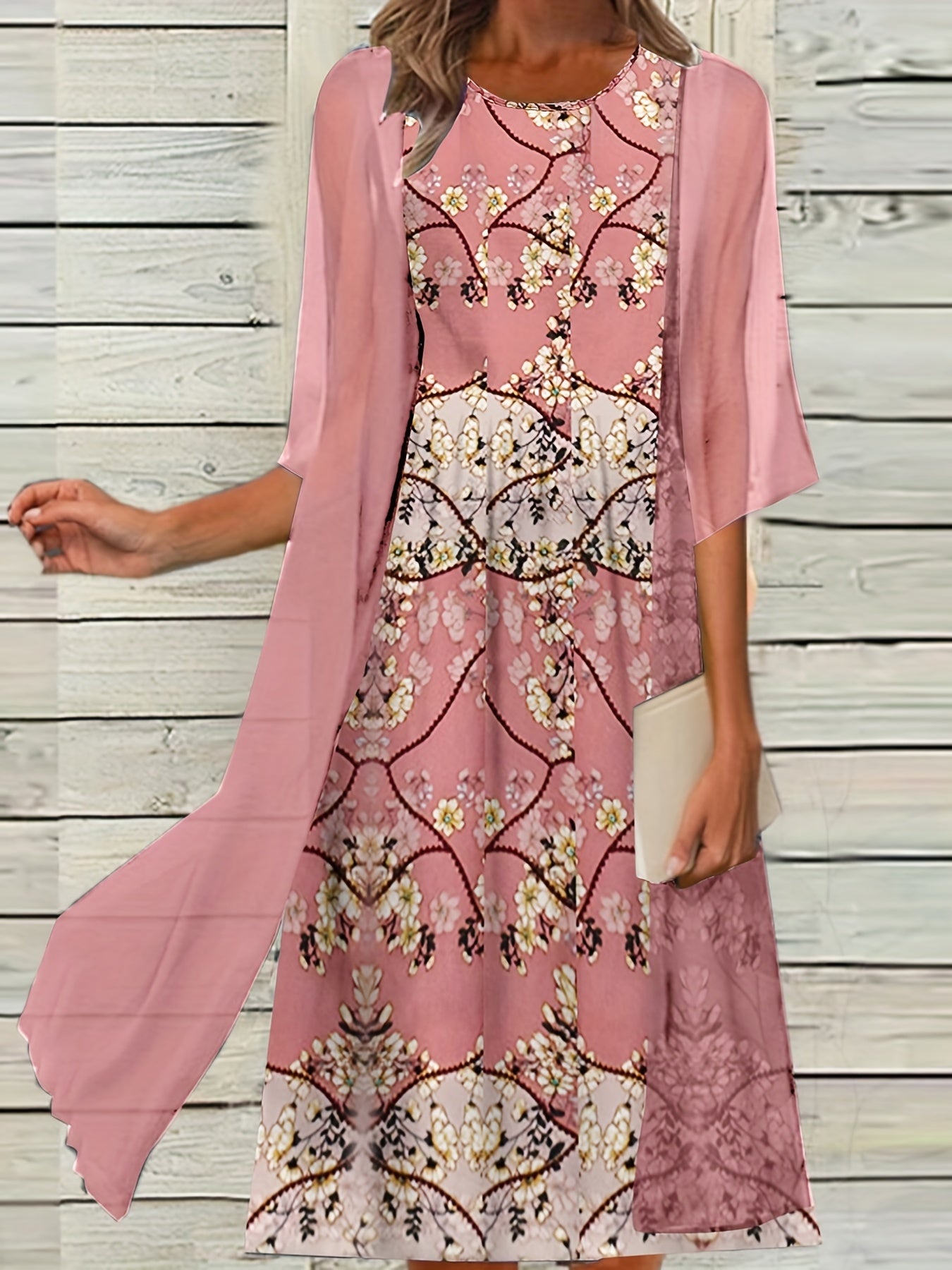  Geometric & Floral Print Tank Dress & Cardigan Set