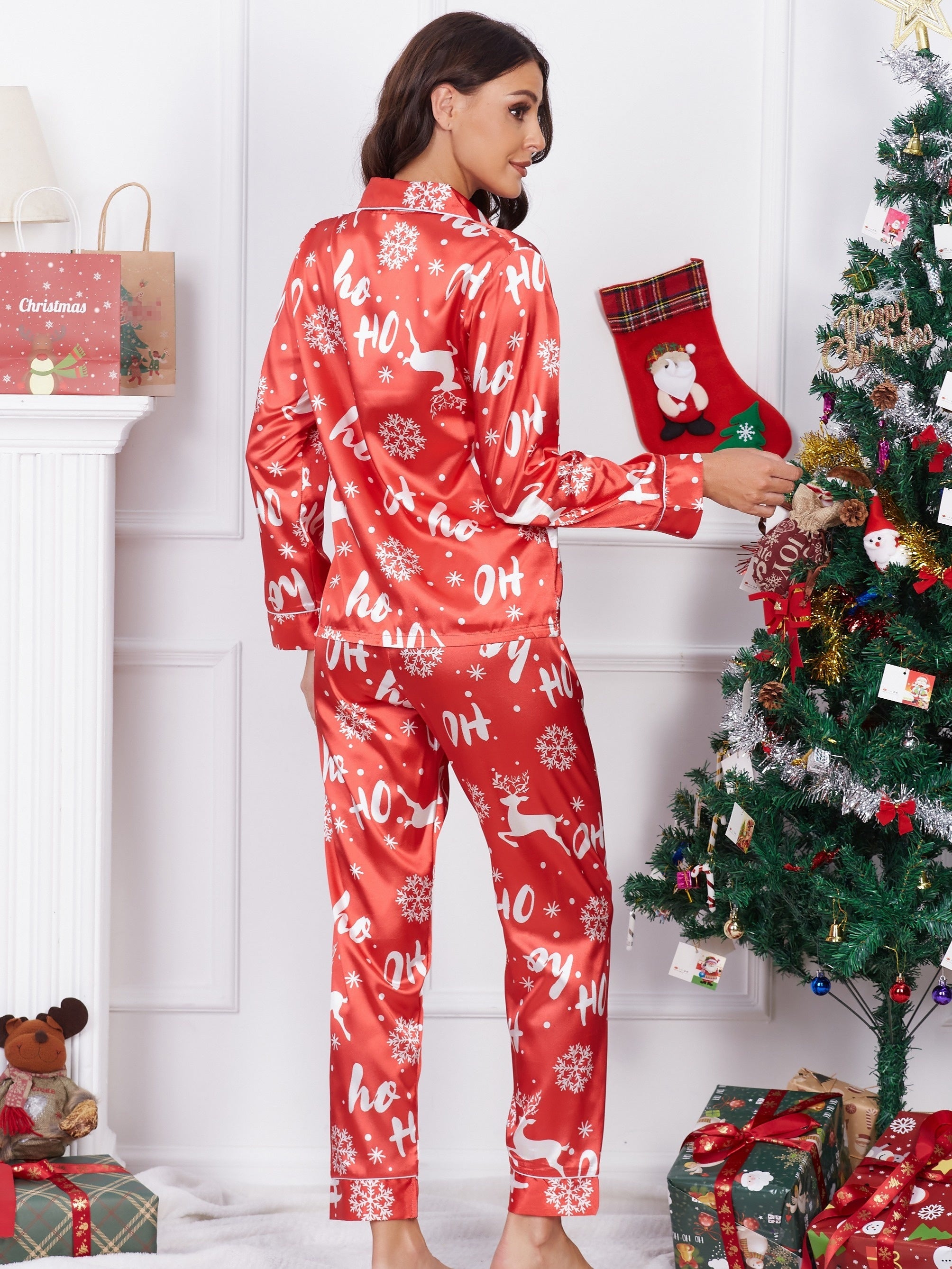 Christmas Elk Print Pajama Set Long Sleeve Top & Pants Women's Sleepwear