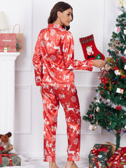 Christmas Elk Print Pajama Set Long Sleeve Top & Pants Women's Sleepwear