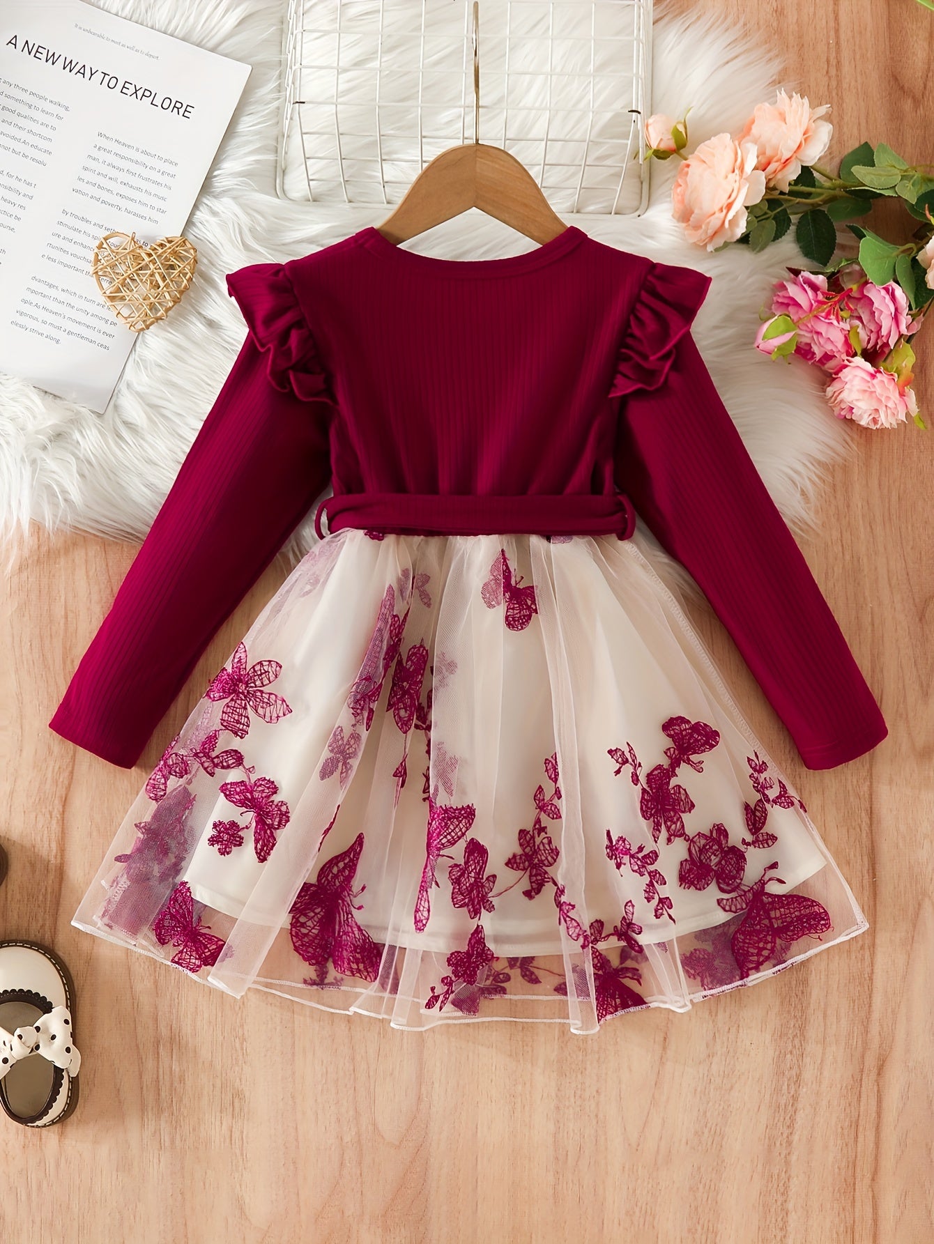 Kid Girl Butterfly Embroidery Tulle Ruffle Sleeve Dress